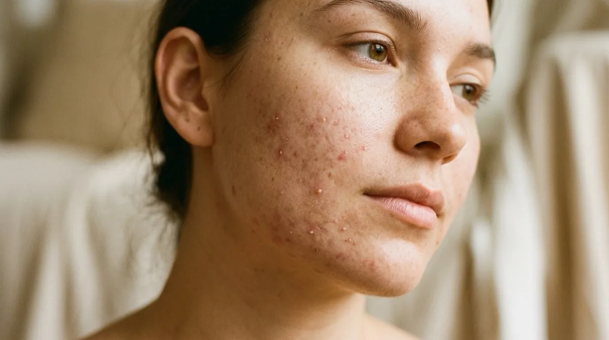 Close-up de pele com lesões de acne no rosto de uma jovem, representando os sintomas da acne vulgar