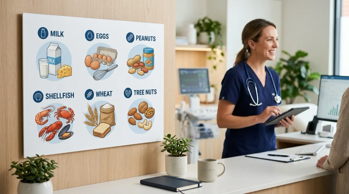 Pratos com alimentos comuns alergénicos como leite, ovos, amendoins e mariscos sobre uma mesa