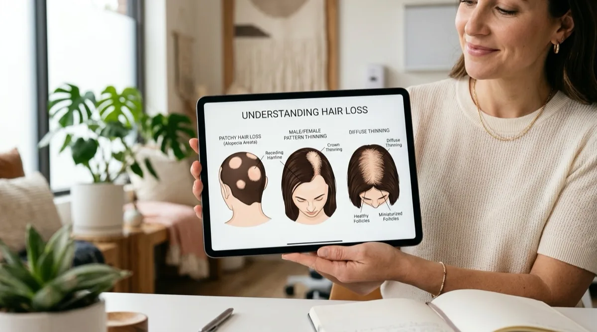 Ilustração mostrando queda de cabelo e padrões de alopecia no couro cabeludo