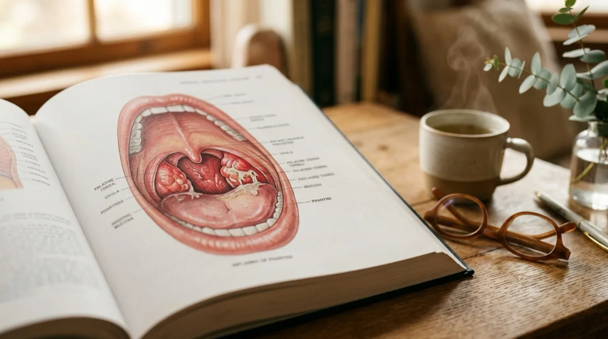 Ilustração médica representando amígdalas inflamadas com sintomas de amigdalite