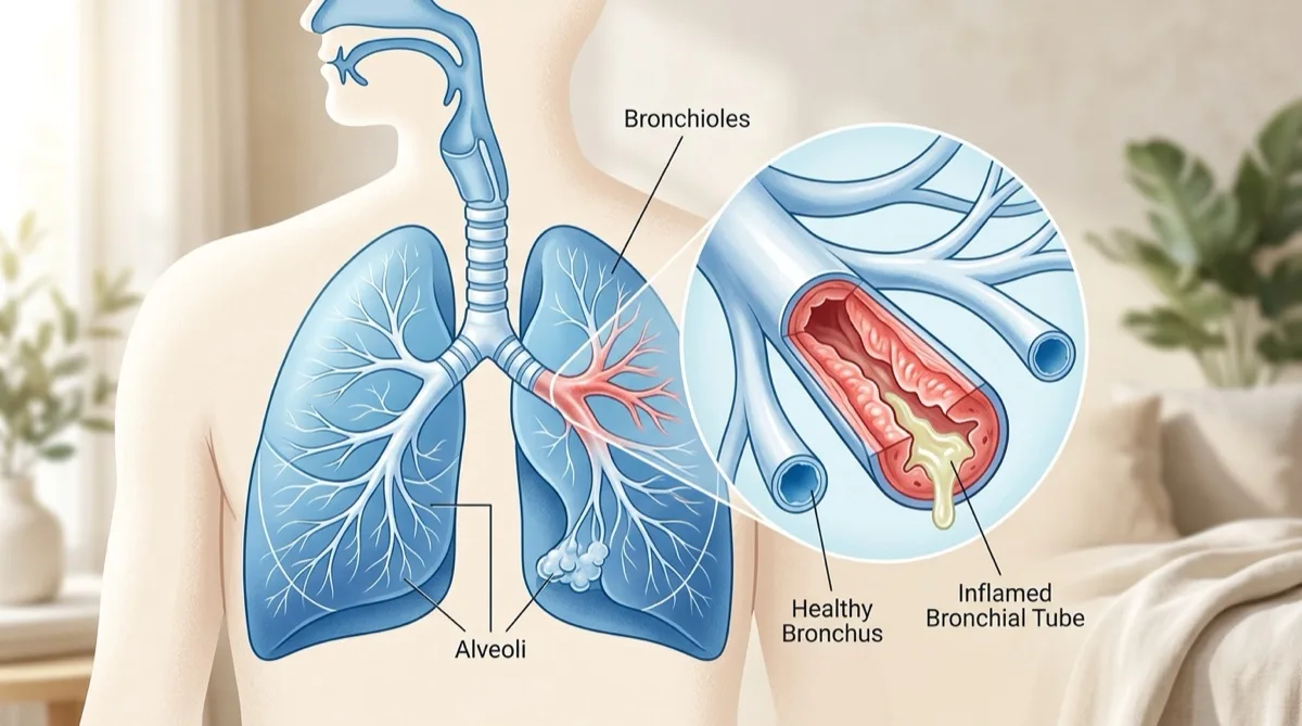 Ilustração do sistema respiratório humano com brônquios inflamados representando a bronquite