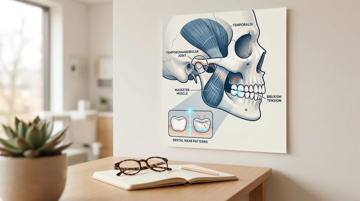Ilustração médica educativa mostrando os músculos mastigatórios e a mandíbula com sinais de tensão associados ao bruxismo, destacando o desgaste dentário e a dor na articulação temporomandibular