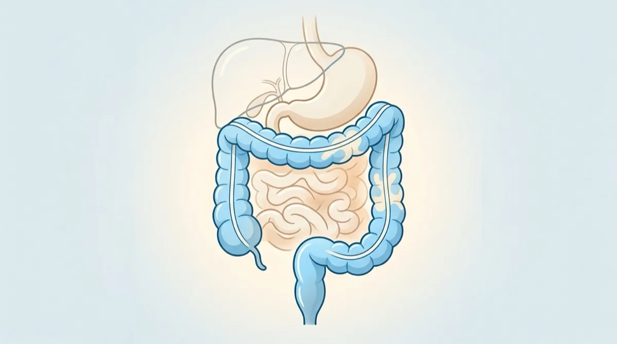 Ilustração médica do sistema digestivo com destaque para o cólon e reto