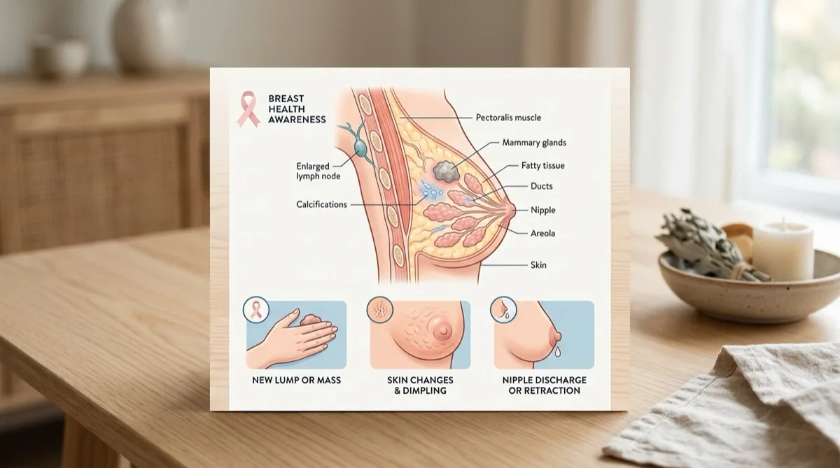 Ilustração médica representando sinais de alerta e detecção precoce do cancro da mama