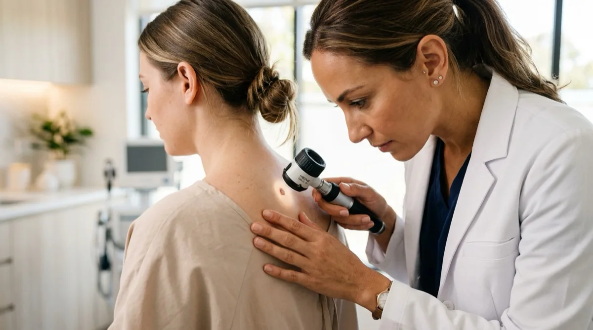 Dermatologista a examinar uma pinta na pele de um paciente com dermatoscópio