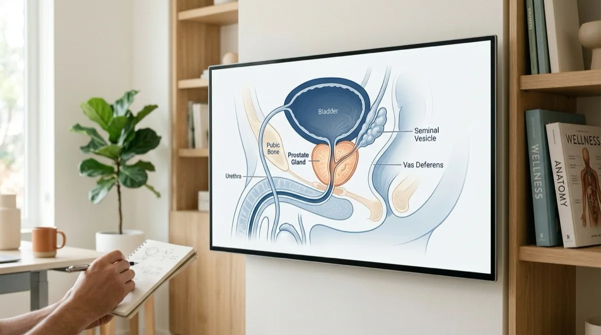 Ilustração médica da próstata com destaque anatómico e sistema urinário masculino