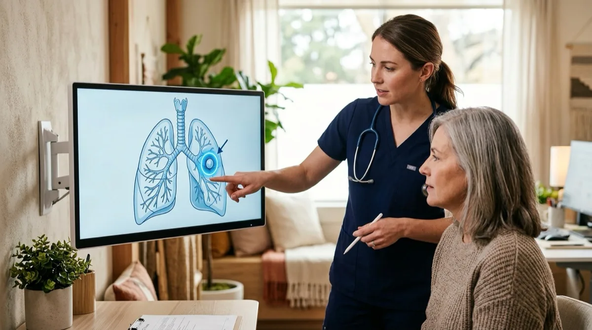 Ilustração médica dos pulmões com destaque para nódulo pulmonar e sistema respiratório