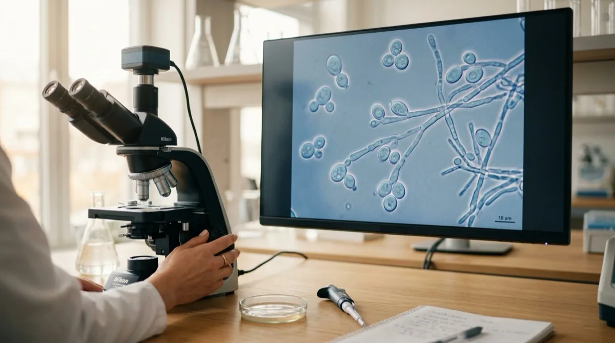 Ilustração médica representando infeção por Candida com células fúngicas em fundo azul suave
