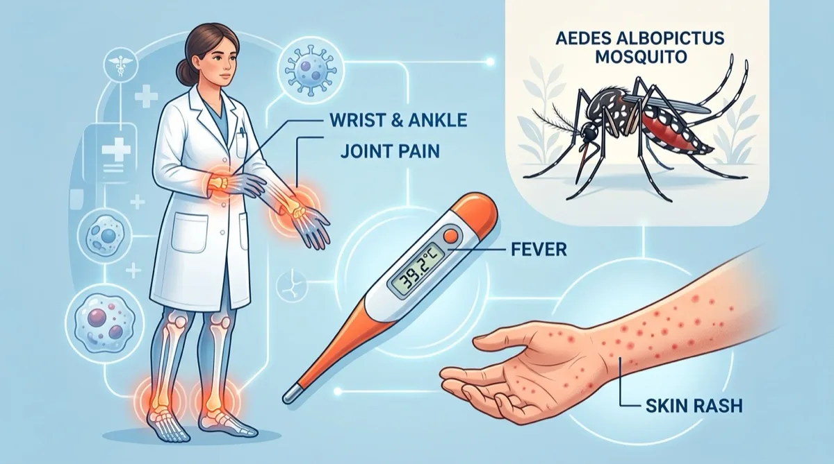 Ilustração dos sintomas do vírus Chikungunya com foco em dor articular e febre