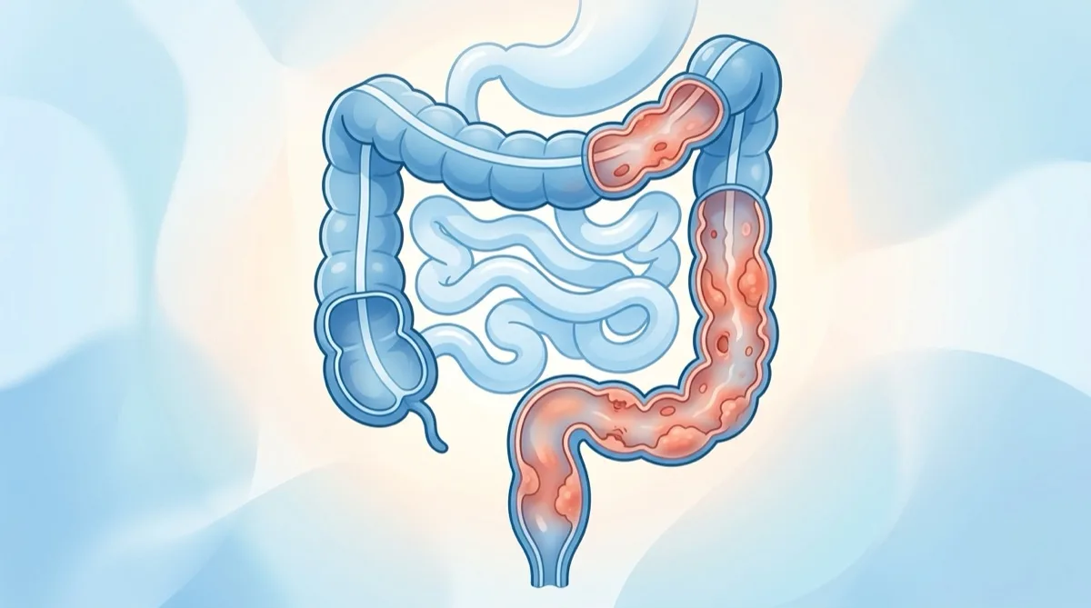 Ilustração do sistema digestivo destacando o cólon e o reto afetados pela colite ulcerosa