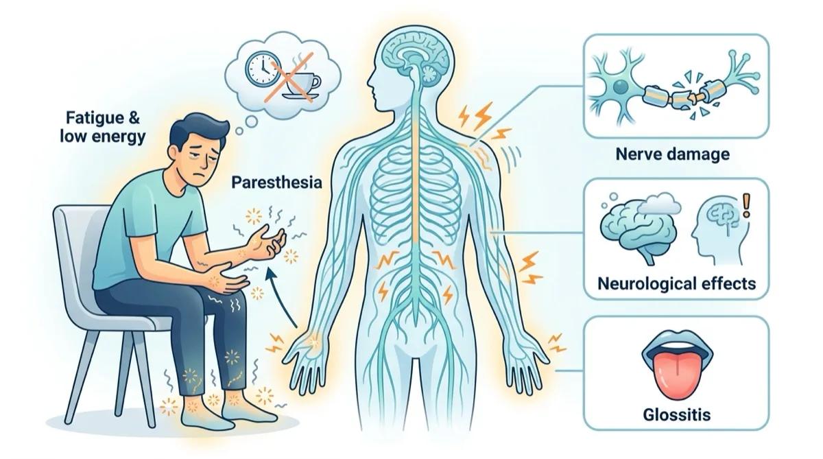 Ilustração dos sintomas de deficiência de vitamina B12 com foco em fadiga e sintomas neurológicos