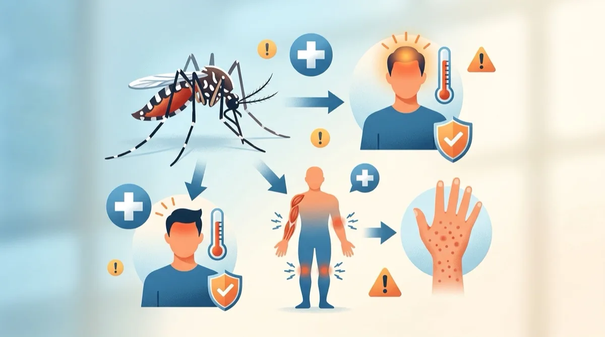 Ilustração médica dos sintomas da dengue com mosquito tigre e mapa de risco em Portugal