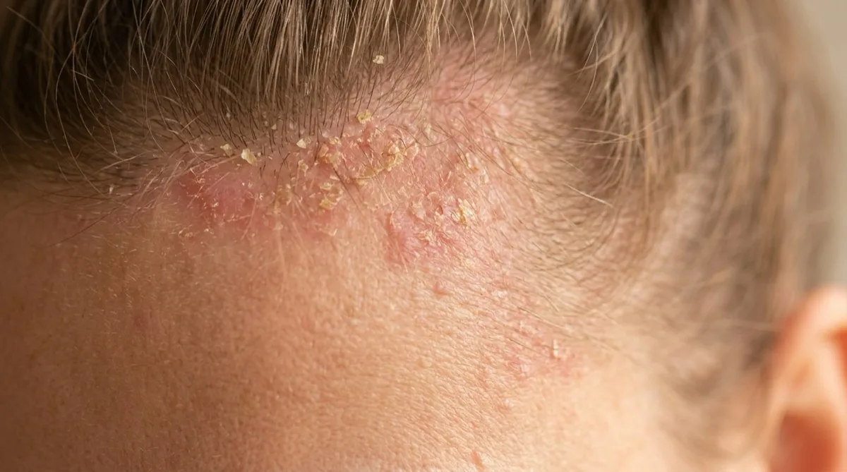 Pessoa com sintomas de dermatite seborreica no couro cabeludo e rosto