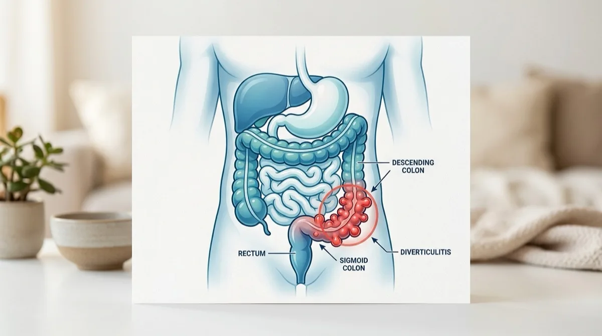 Ilustração do sistema digestivo com inflamação dos divertículos no cólon