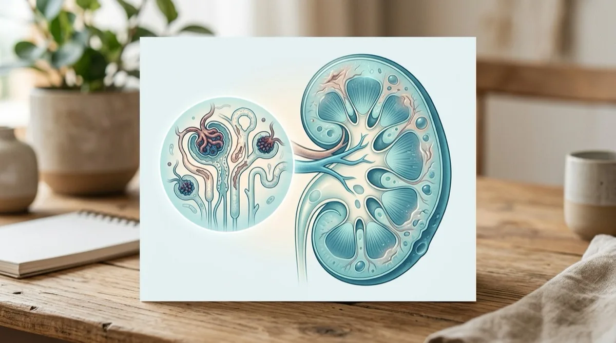 Ilustração dos rins humanos com indicação de doença renal crónica e sintomas associados