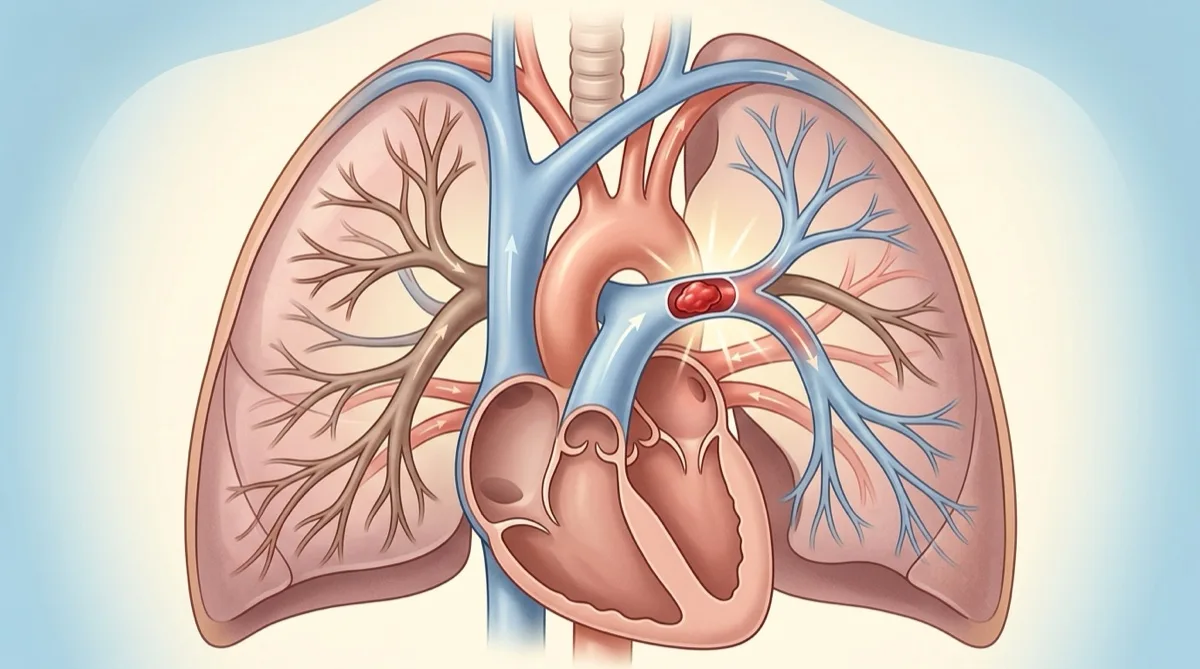 Ilustração médica da embolia pulmonar mostrando um coágulo a bloquear uma artéria do pulmão e o efeito sobre a circulação e oxigenação
