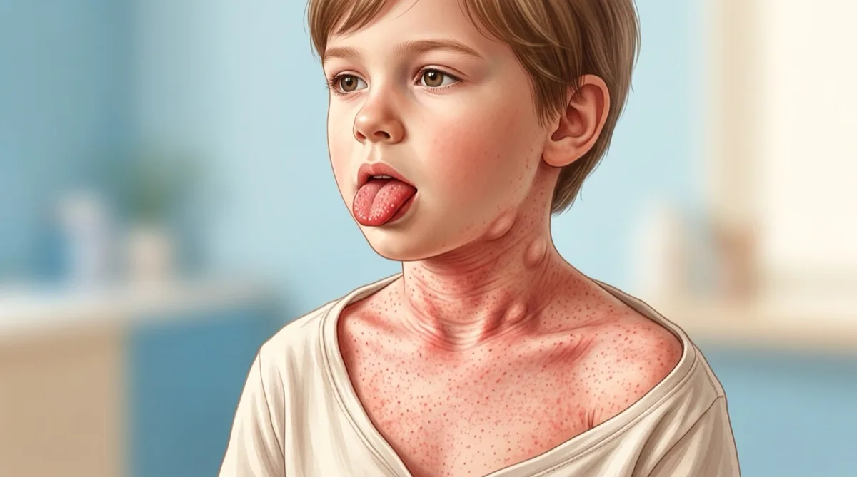 Ilustração médica de criança com exantema escarlatiniforme e dor de garganta, identificando os principais sintomas de escarlatina