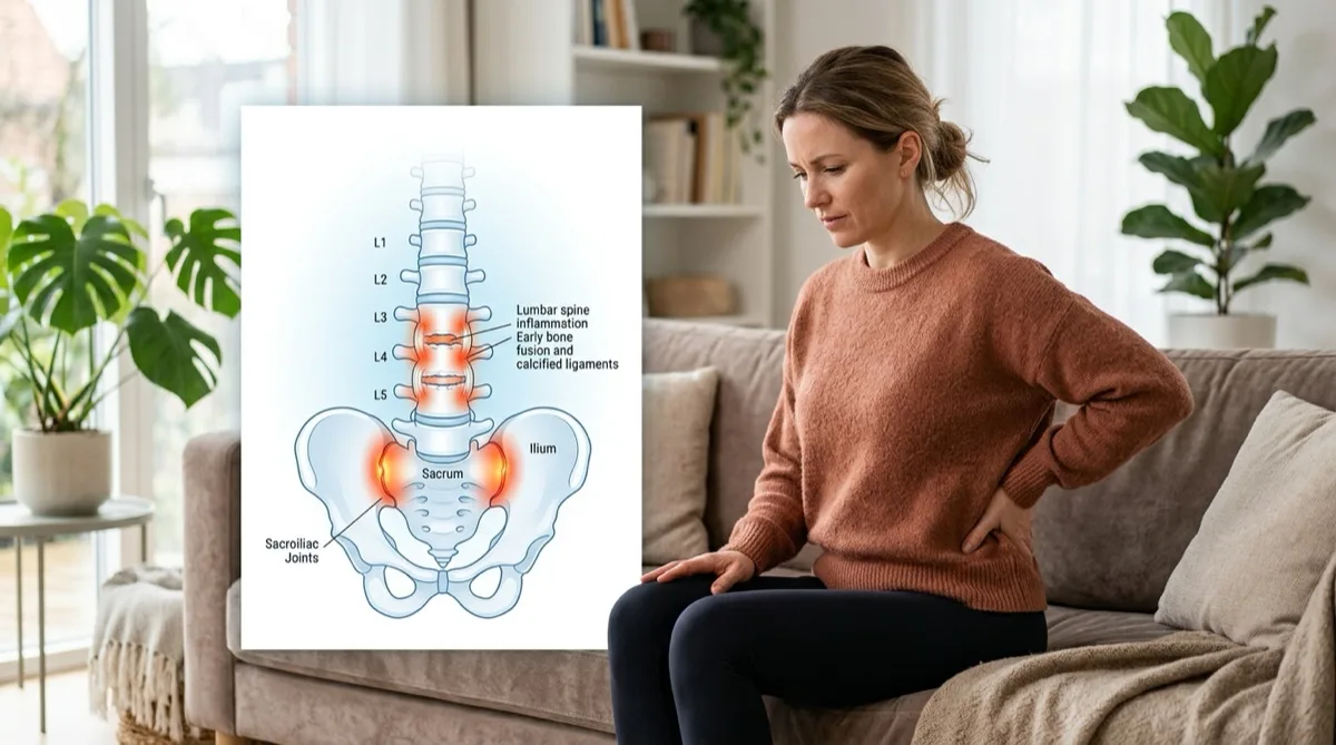 Ilustração da espondilite anquilosante afetando a coluna vertebral e articulações sacroilíacas