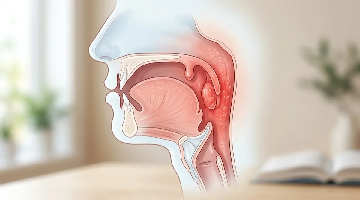 Ilustração médica da faringe inflamada com sintomas de faringite e dor de garganta