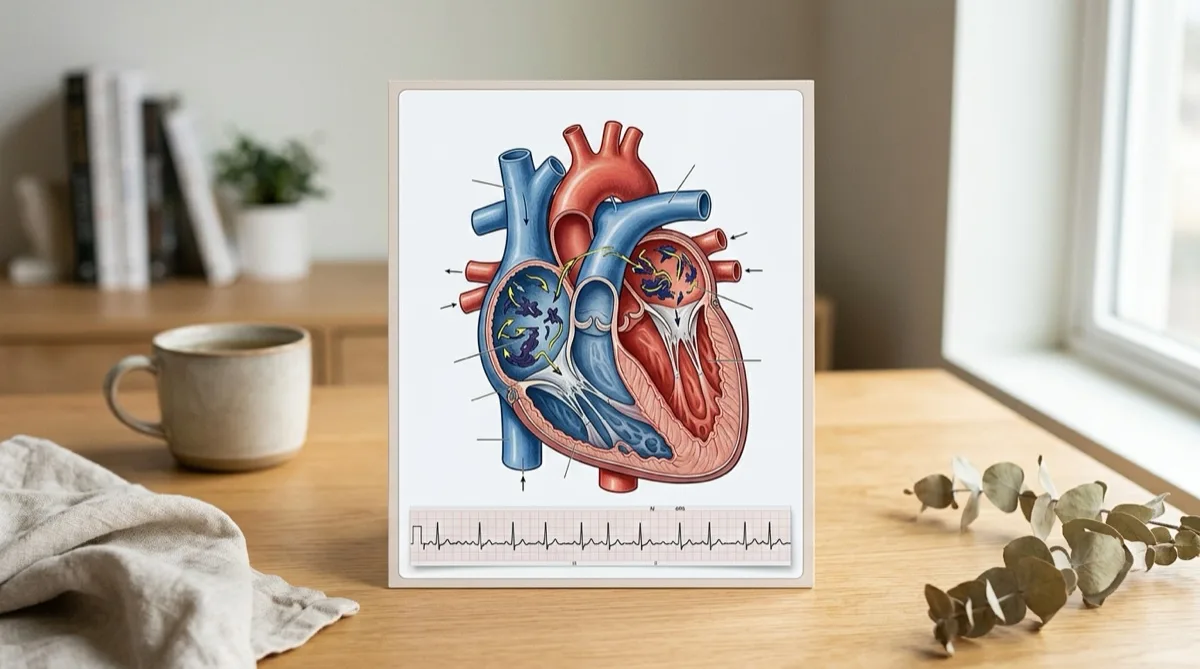 Ilustração de coração com ritmo irregular representando fibrilhação auricular e risco de AVC