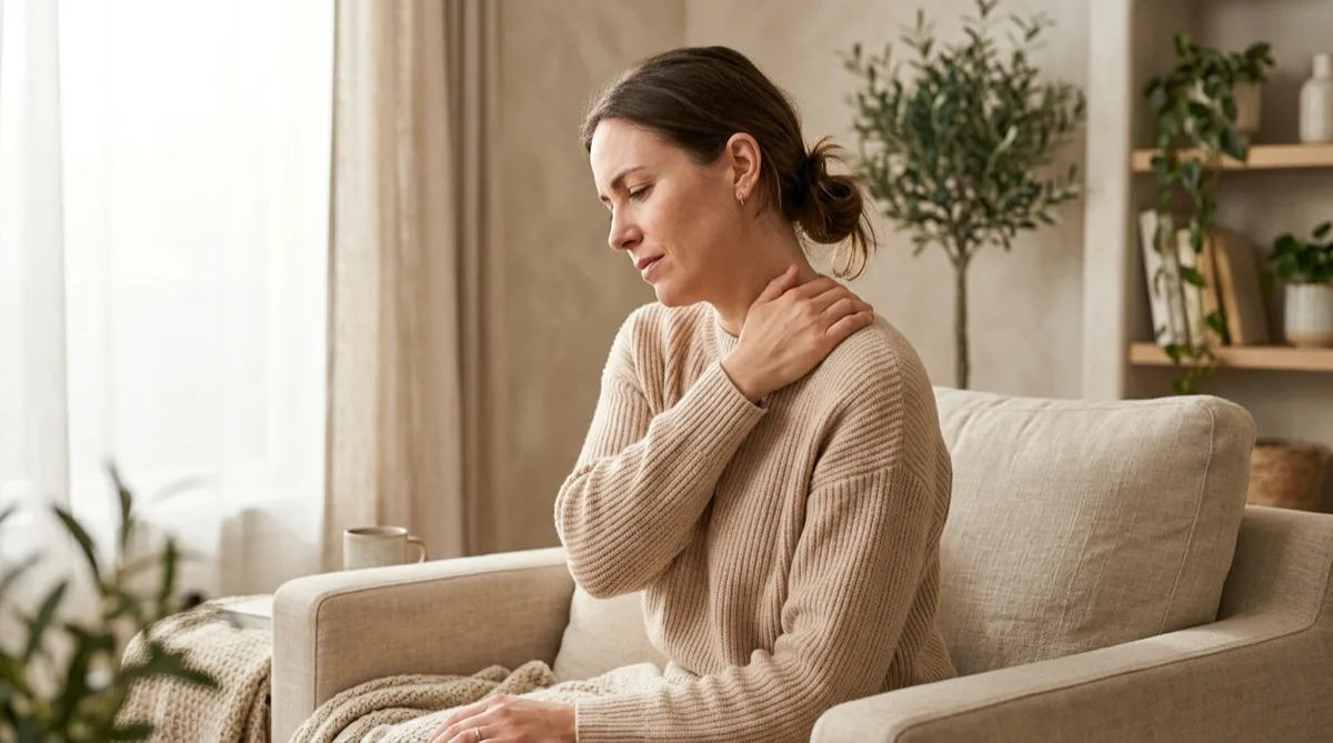 Mulher com expressão de dor segurando o ombro, representando a fibromialgia