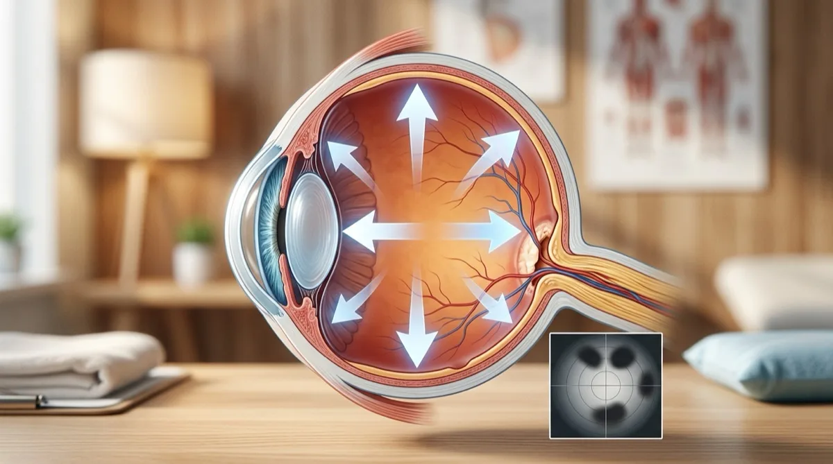 Ilustração do olho humano com representação do nervo óptico e pressão intraocular elevada no glaucoma