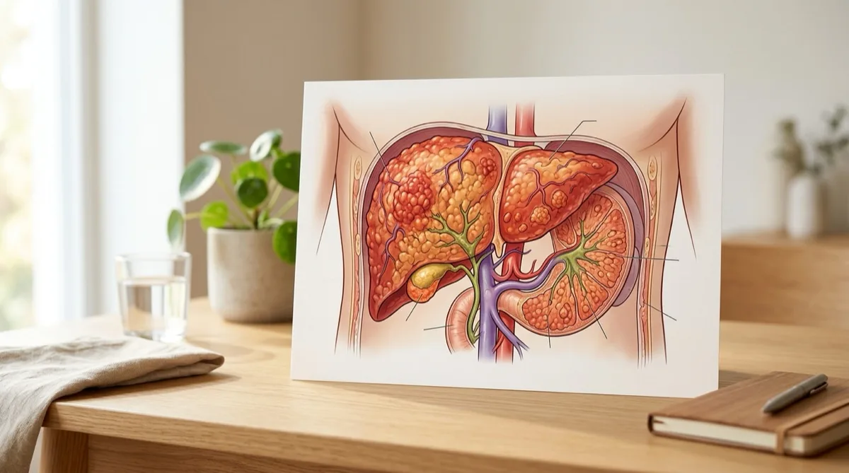 Ilustração do fígado humano inflamado representando a hepatite com indicadores de sintomas