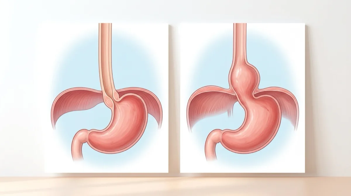 Ilustração médica anatómica mostrando uma hérnia de hiato, com parte do estômago a passar através do diafragma para o tórax, ao lado de um diagrama de um esófago saudável