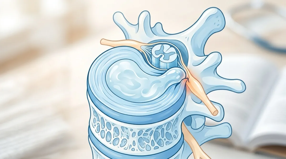 Ilustração da coluna vertebral com hérnia discal comprimindo nervo espinhal