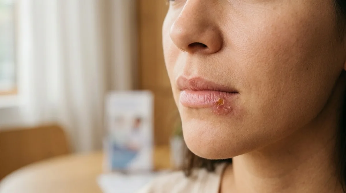 Ilustração médica educativa mostrando as fases do herpes labial no lábio, com vesículas características e seta indicando os sinais de infeção por vírus HSV-1