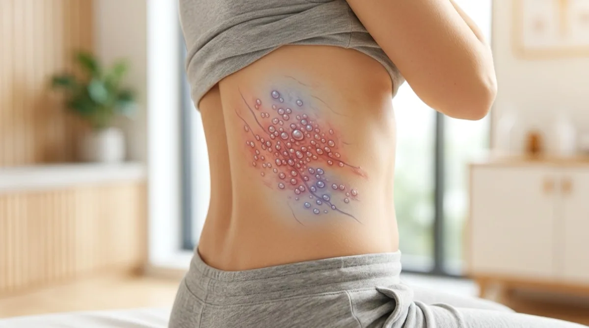 Ilustração médica mostrando faixa de vesículas características da zona (herpes zóster) num dermátomo