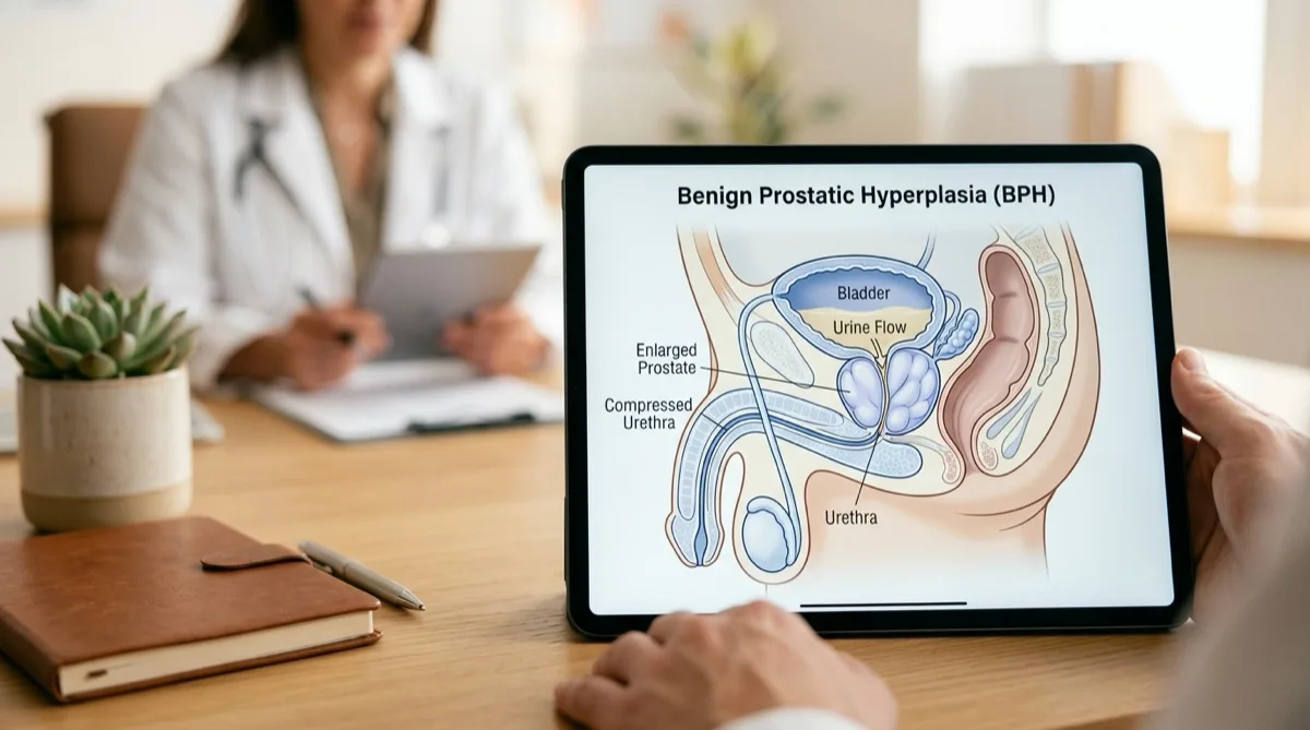 Ilustração anatómica da próstata aumentada a comprimir a uretra, com homem mais velho a segurar a região abdominal inferior