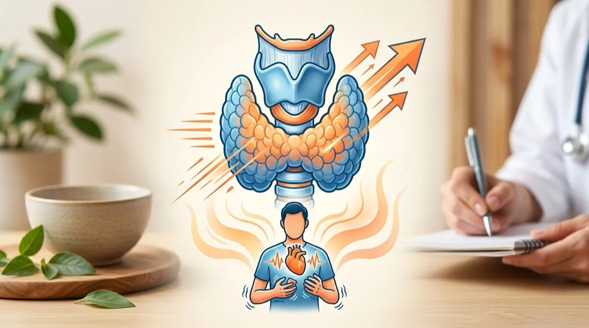 Ilustração da glândula tiróide hiperativa com símbolo de aceleração e sintomas como palpitações e perda de peso