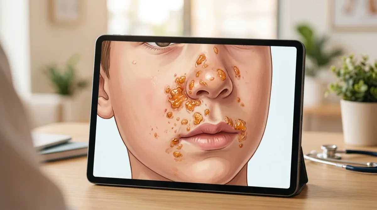 Ilustração médica mostrando lesões de impetigo na pele com crostas cor de mel características, a infeção bacteriana mais comum em crianças