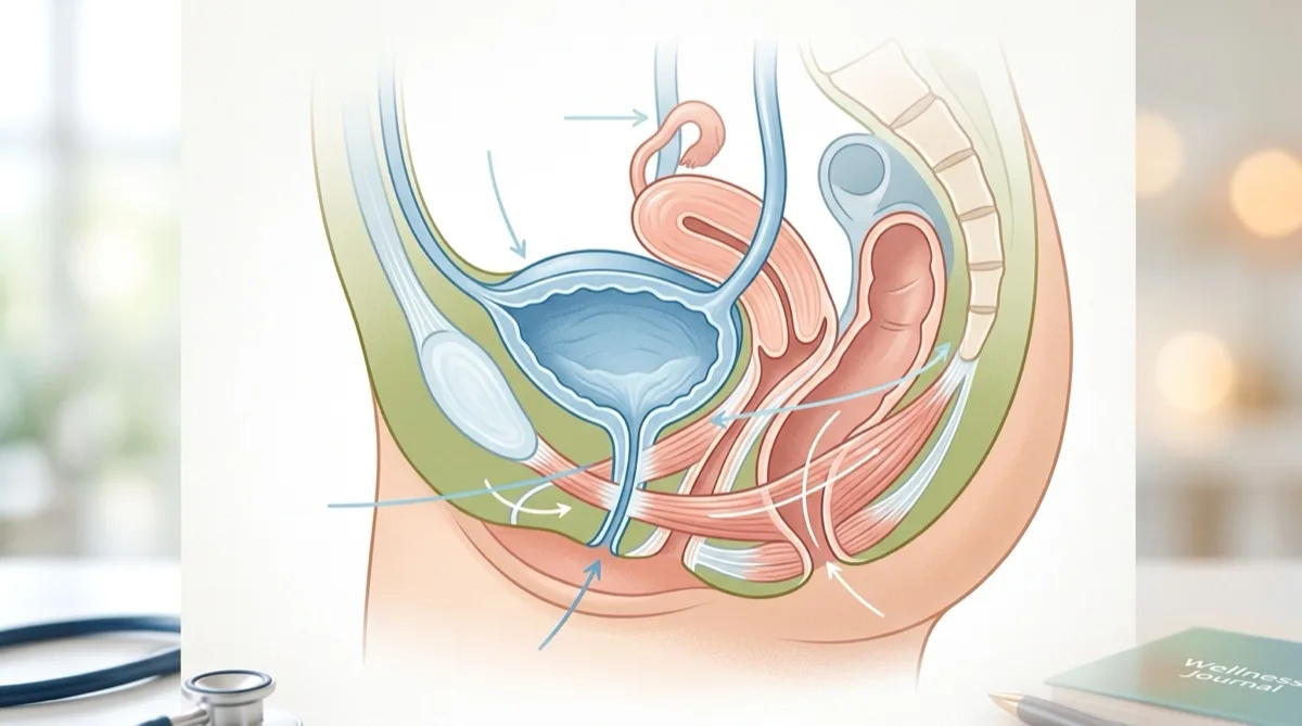 Ilustração médica do sistema urinário com destaque para a bexiga e pavimento pélvico