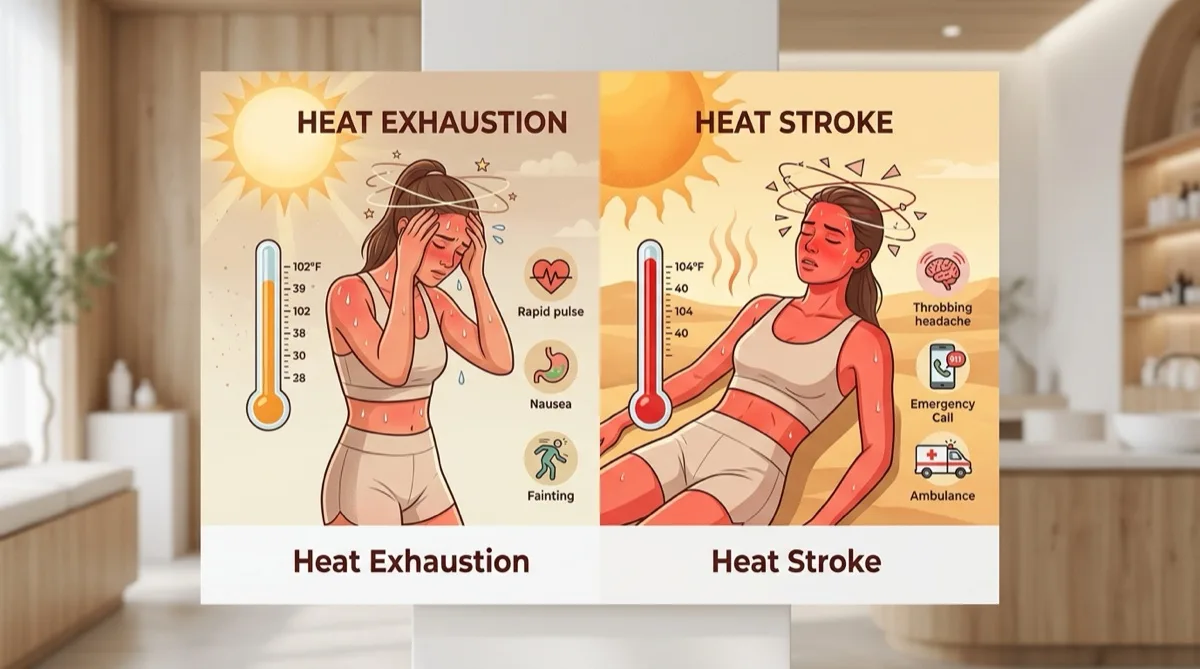 Ilustração médica de sintomas de insolação e golpe de calor com termómetro e sol intenso