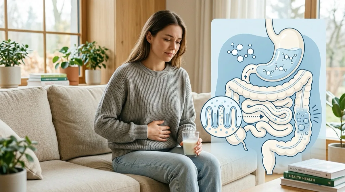 Pessoa com dor abdominal após consumir produtos lácteos representando sintomas de intolerância à lactose