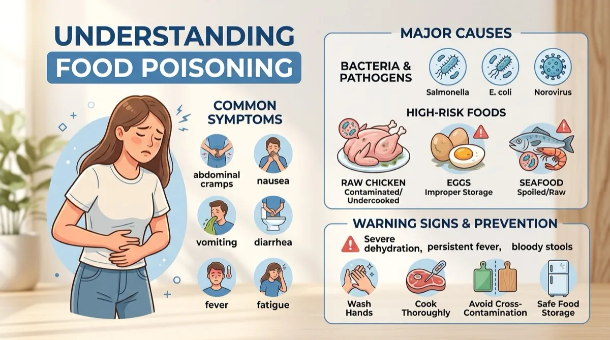 Ilustração dos sintomas de intoxicação alimentar com alimentos e sinais de alerta