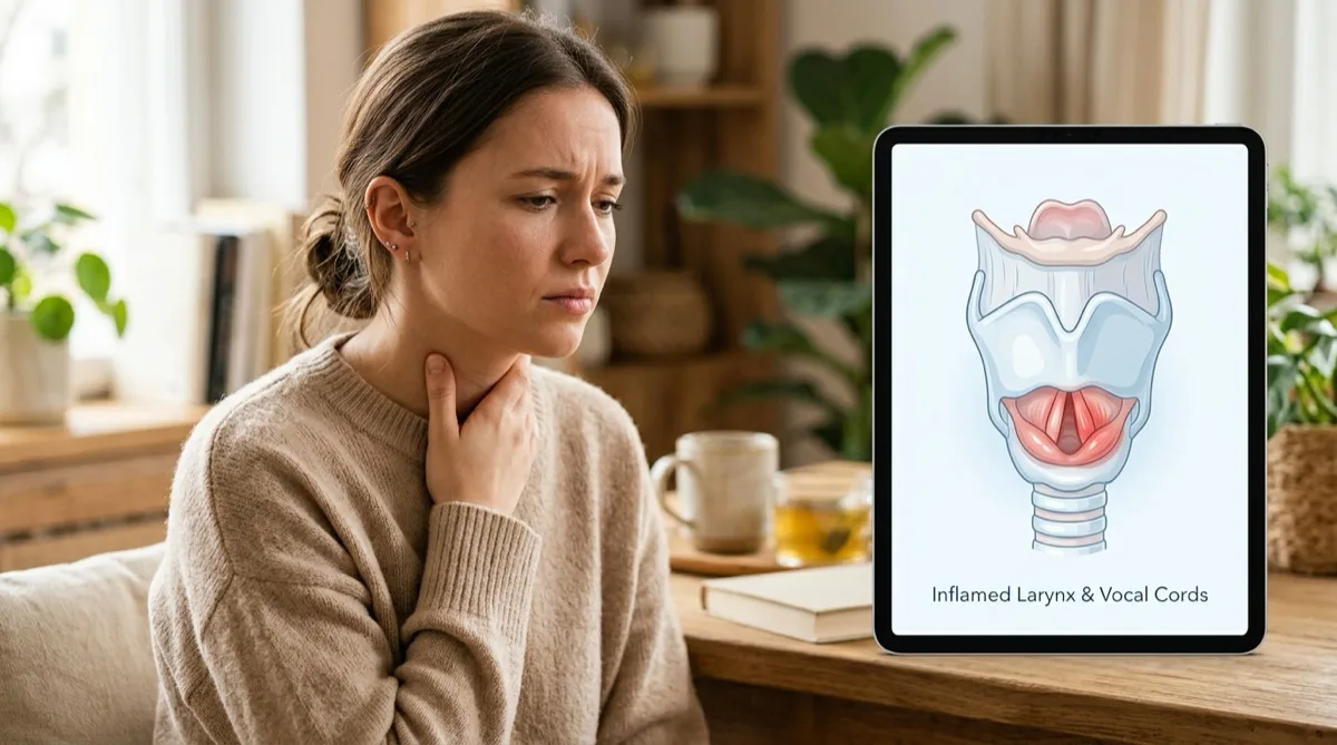 Pessoa com dor de garganta e rouquidão — ilustração de laringite com laringe inflamada