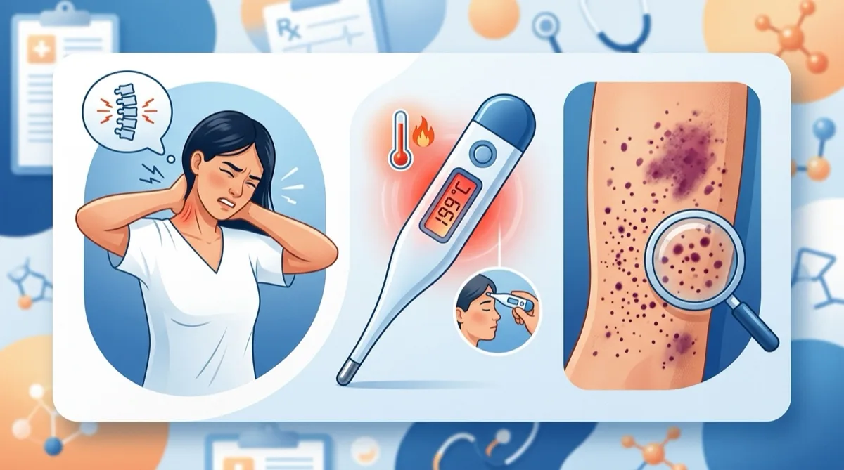 Ilustração dos sintomas de meningite — rigidez da nuca e manchas na pele