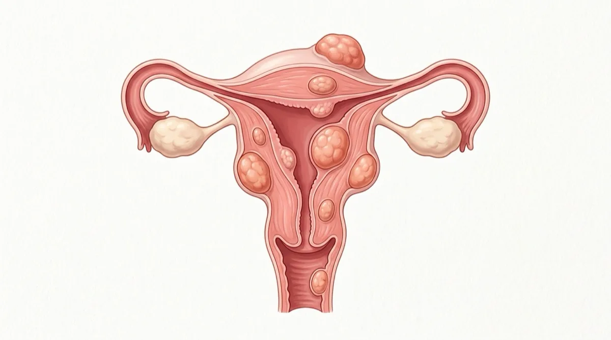 Ilustração médica do útero com miomas (leiomiomas) de diferentes tipos e localizações, representando um tumor benigno frequente em mulheres em idade fértil