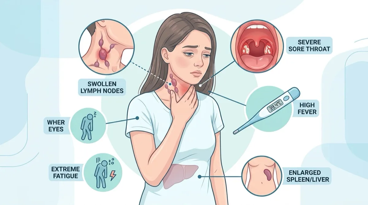 Ilustração dos sintomas da mononucleose infecciosa — gânglios linfáticos inchados no pescoço, febre e fadiga intensa em adolescente