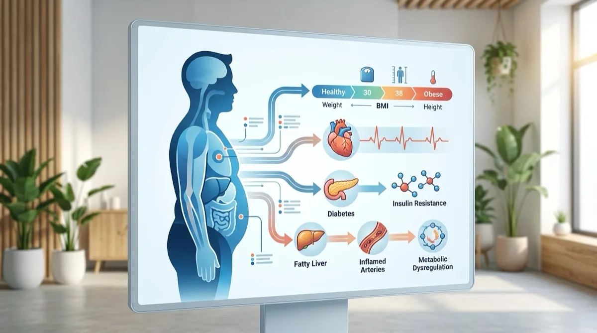 Ilustração médica representando a obesidade e as suas consequências para a saúde
