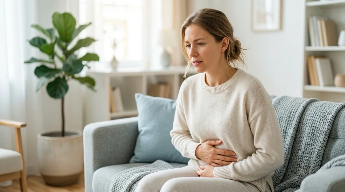Pessoa com dor abdominal por obstipação segurando a barriga