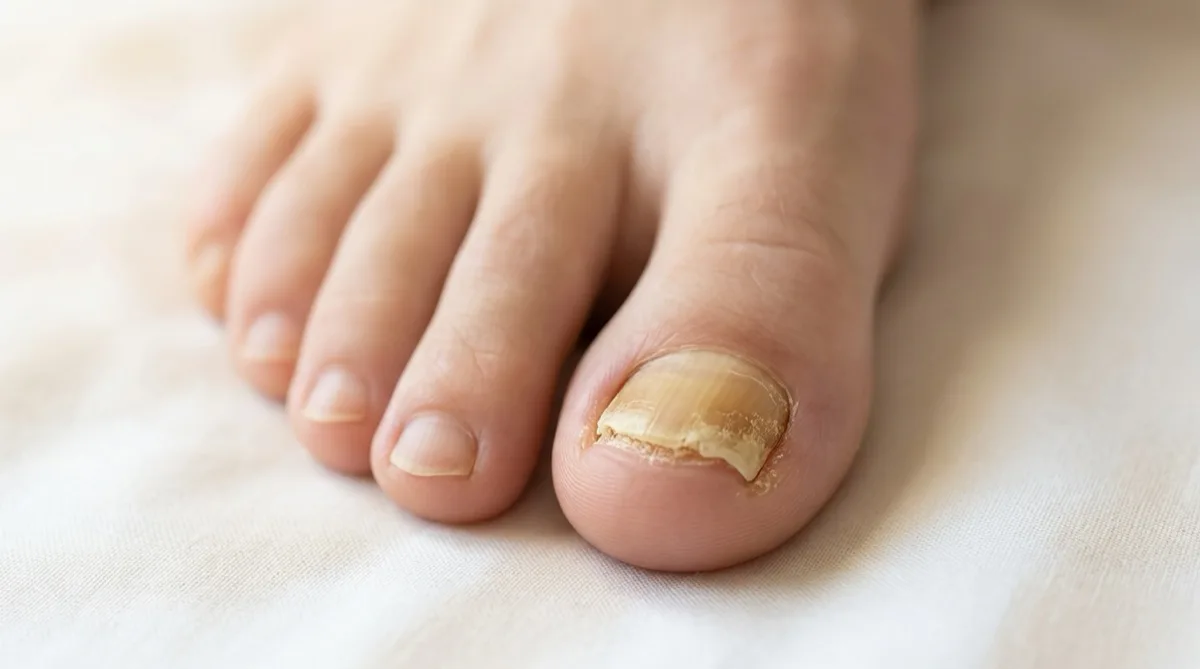 Ilustração médica de unhas dos pés com onicomicose, mostrando alterações de cor, espessura e descolamento típicas da infeção fúngica das unhas