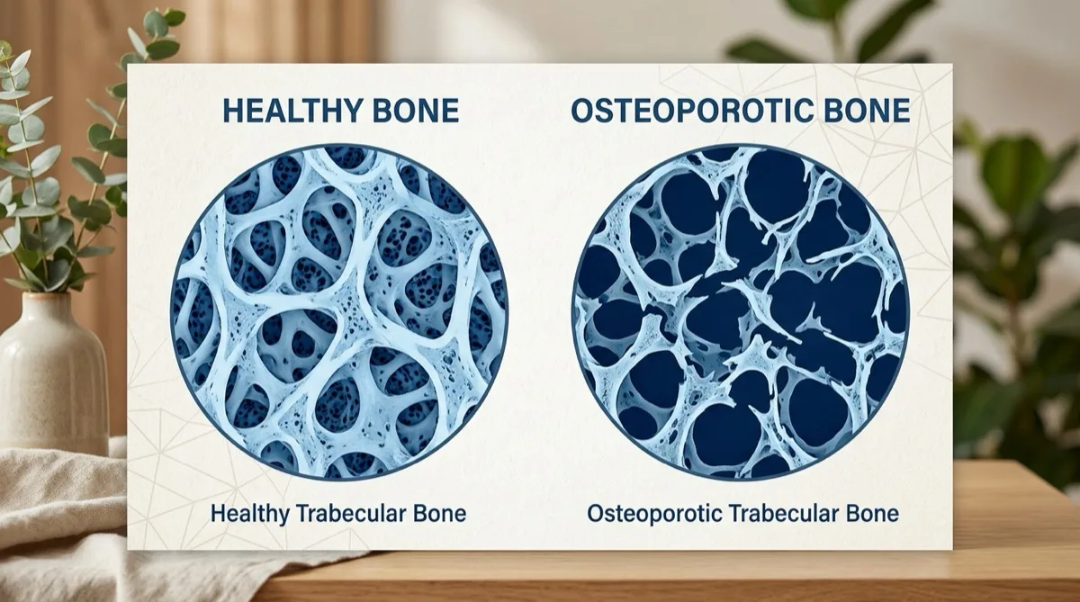 Representação de osso saudável versus osso com osteoporose, mostrando a perda de densidade óssea