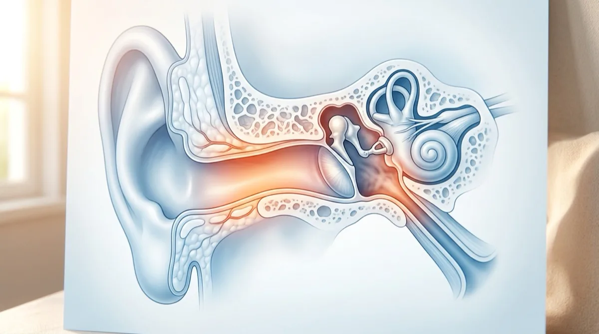Representação ilustrativa da anatomia do ouvido com indicação das zonas afetadas pela otite