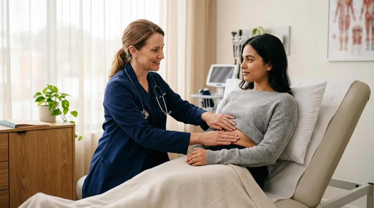 Ilustração dos sintomas de pancreatite e localização do pâncreas