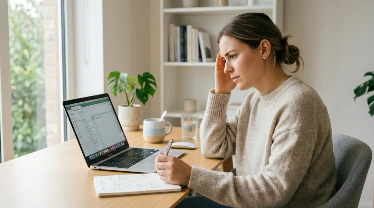 Adulto com expressão de dificuldade de concentração ao trabalhar num computador, ilustrando os sintomas de PHDA