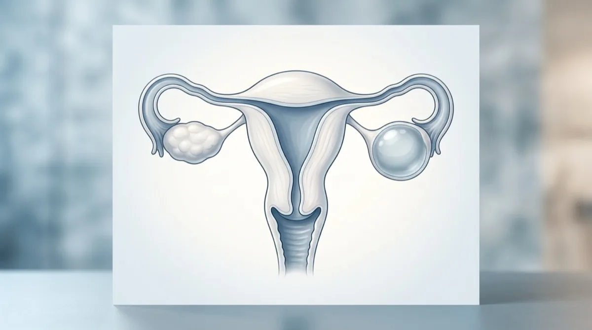 Mulher com expressão de desconforto abdominal — ilustração de dor pélvica associada a quisto ovárico